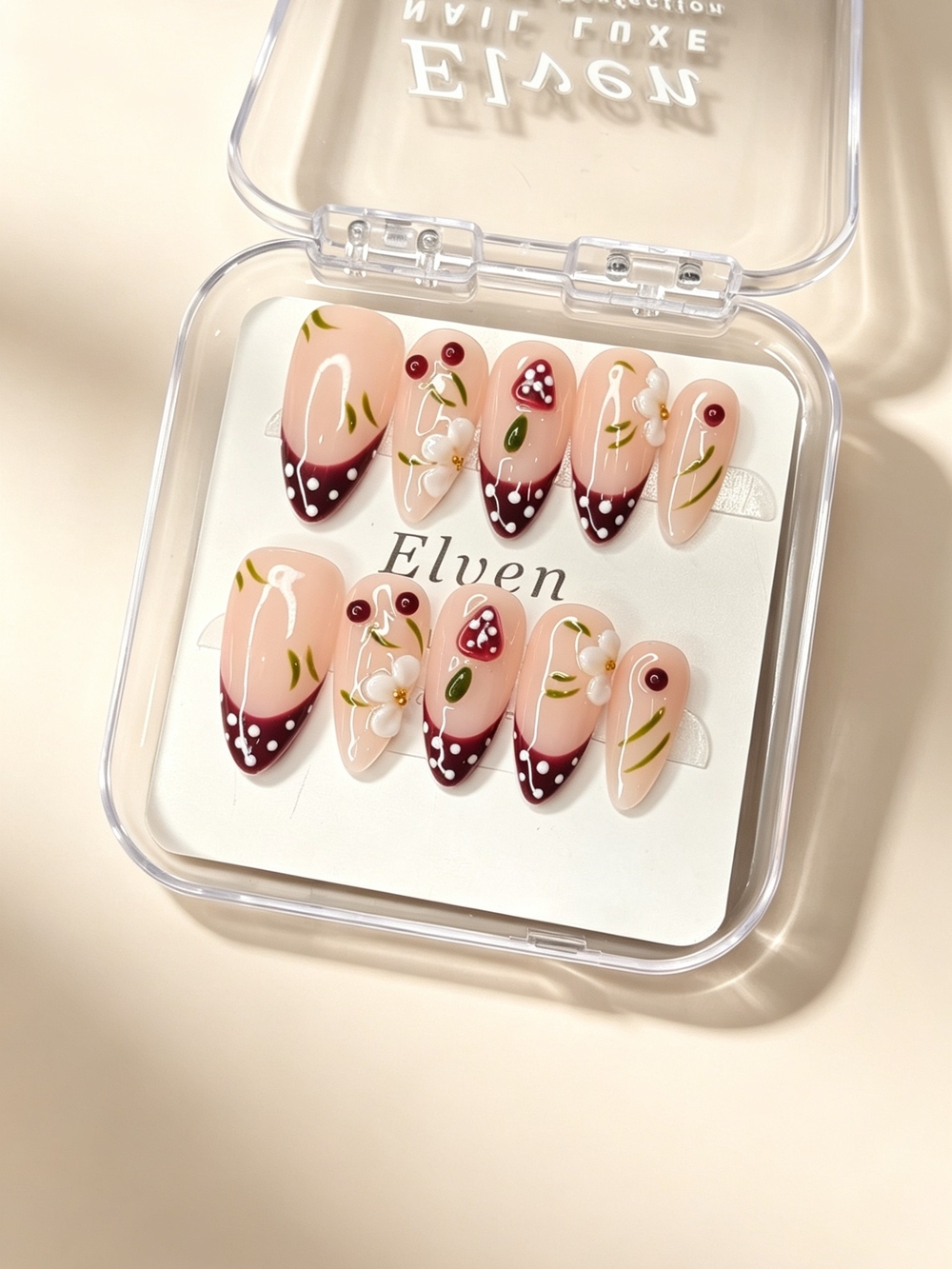 Nude Burgundy French Tip Almond Press On Nails Mushrooms Flowers & Polka Dots